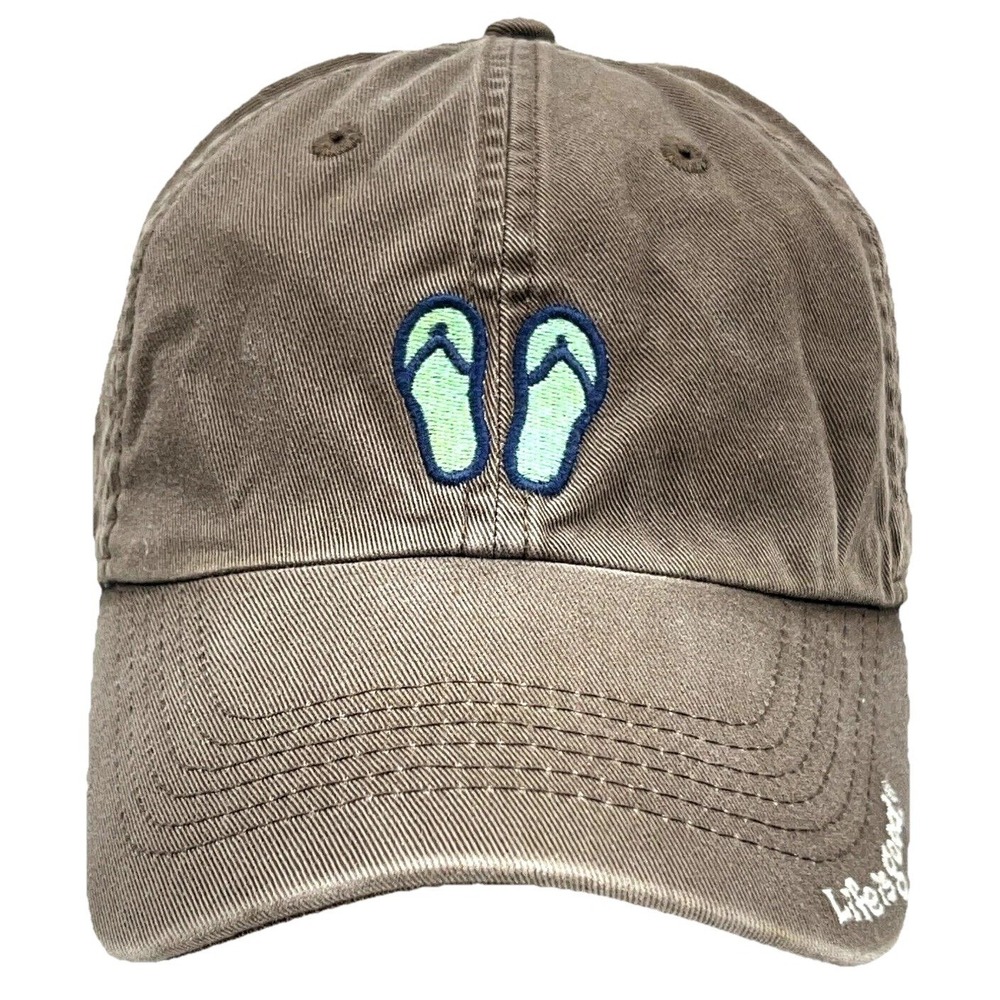 Life Is Good Hat Cap Strap Back Brown Baseball Dad Sandals Flip Flops Beach